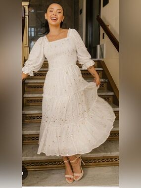 Miss Sparkly White Gold Star Smocked Midi Dress Puff Sleeve Cottagecore M
